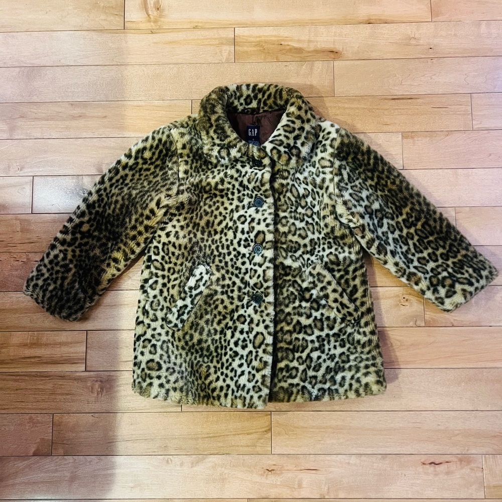 GAP Women’s Small Leopard Print Faux Fur Coat 3/4 Length Sleeves